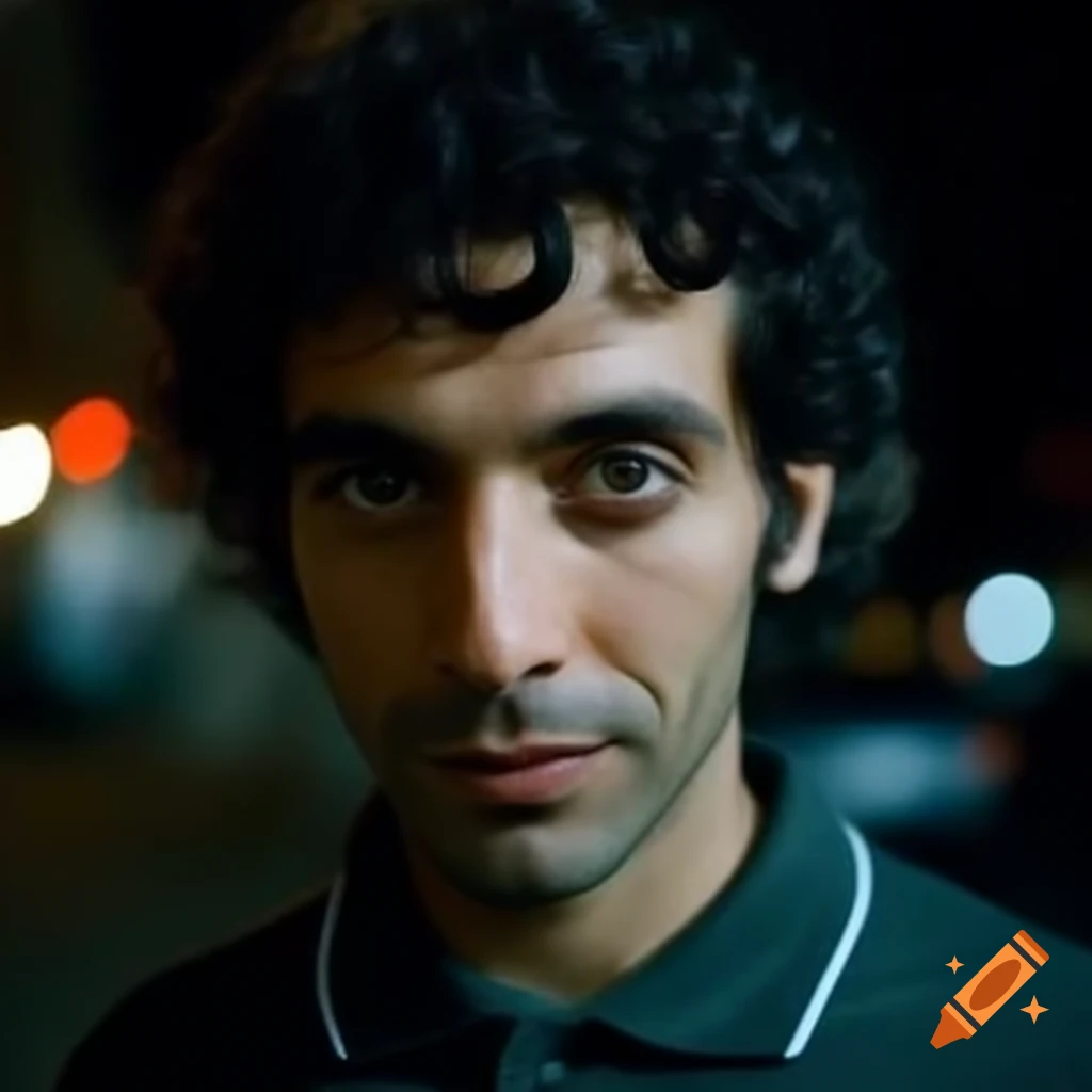 Man with curly dark hair and large eyes wearing polo shirt in San Francisco at night
