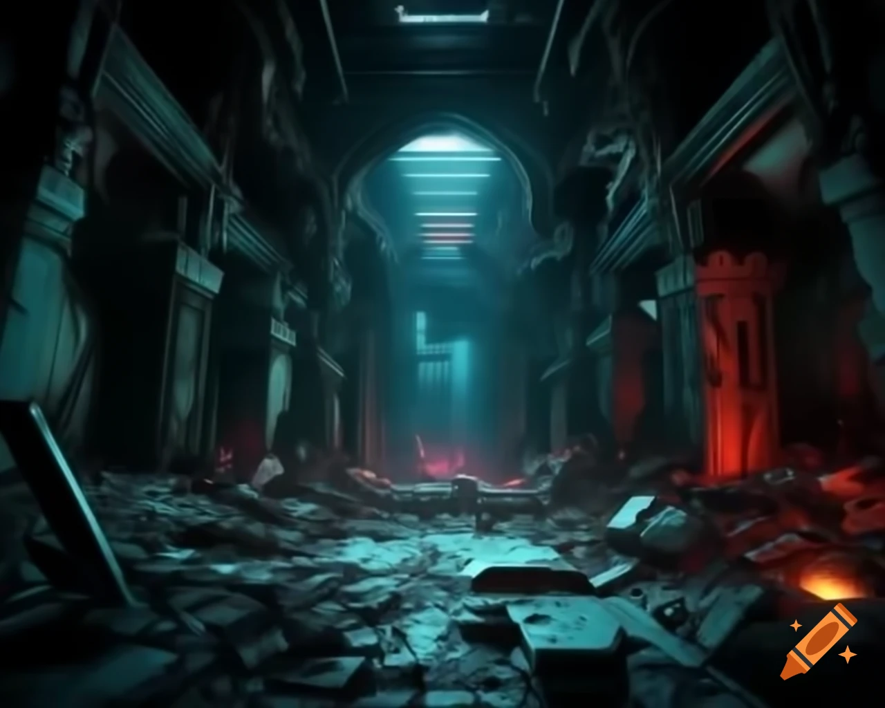 Post-apocalyptic scene depicting humanity rebuilding amidst darkness and ruin