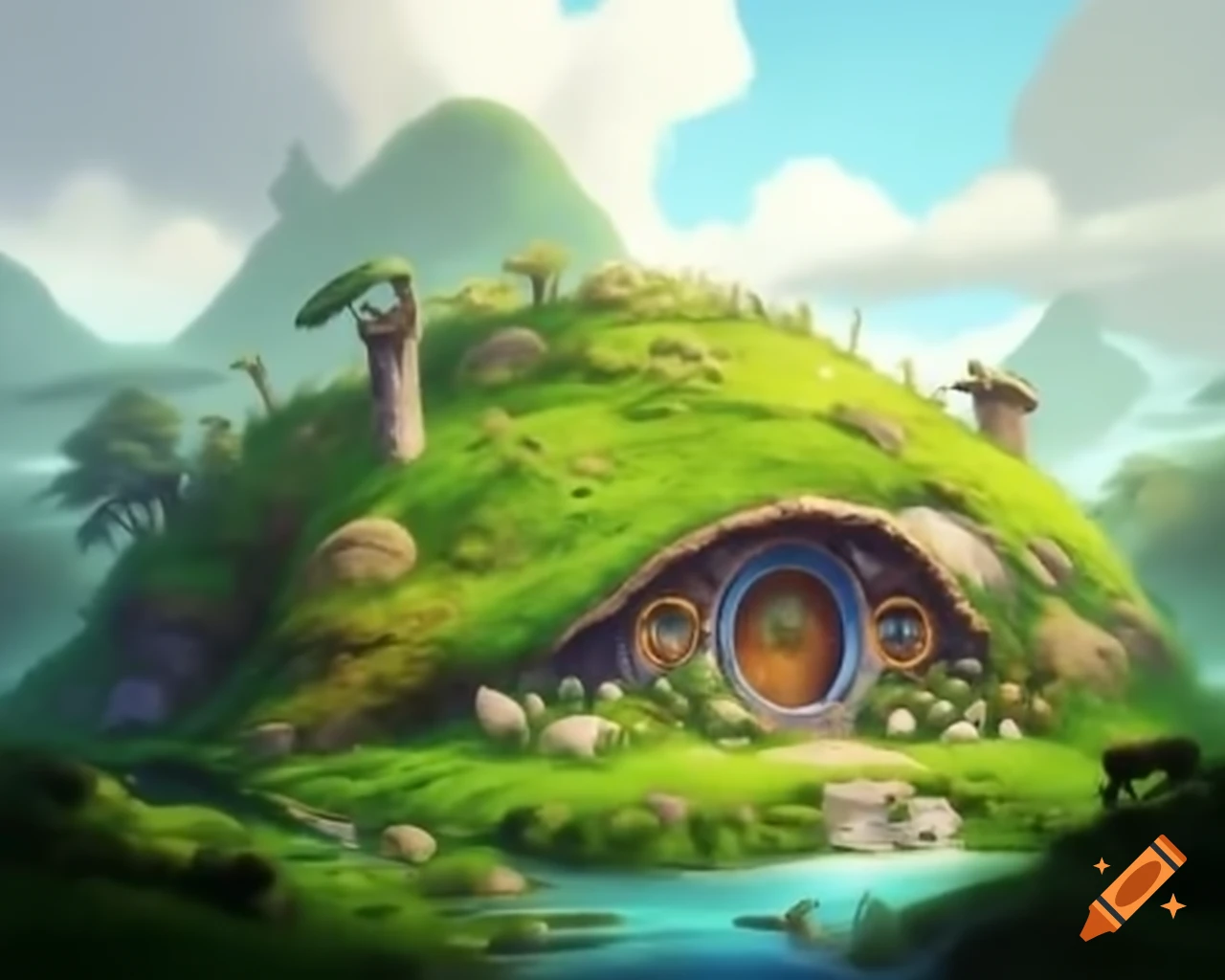 Hobbit house covered in grass and moss beside a crystal clear river