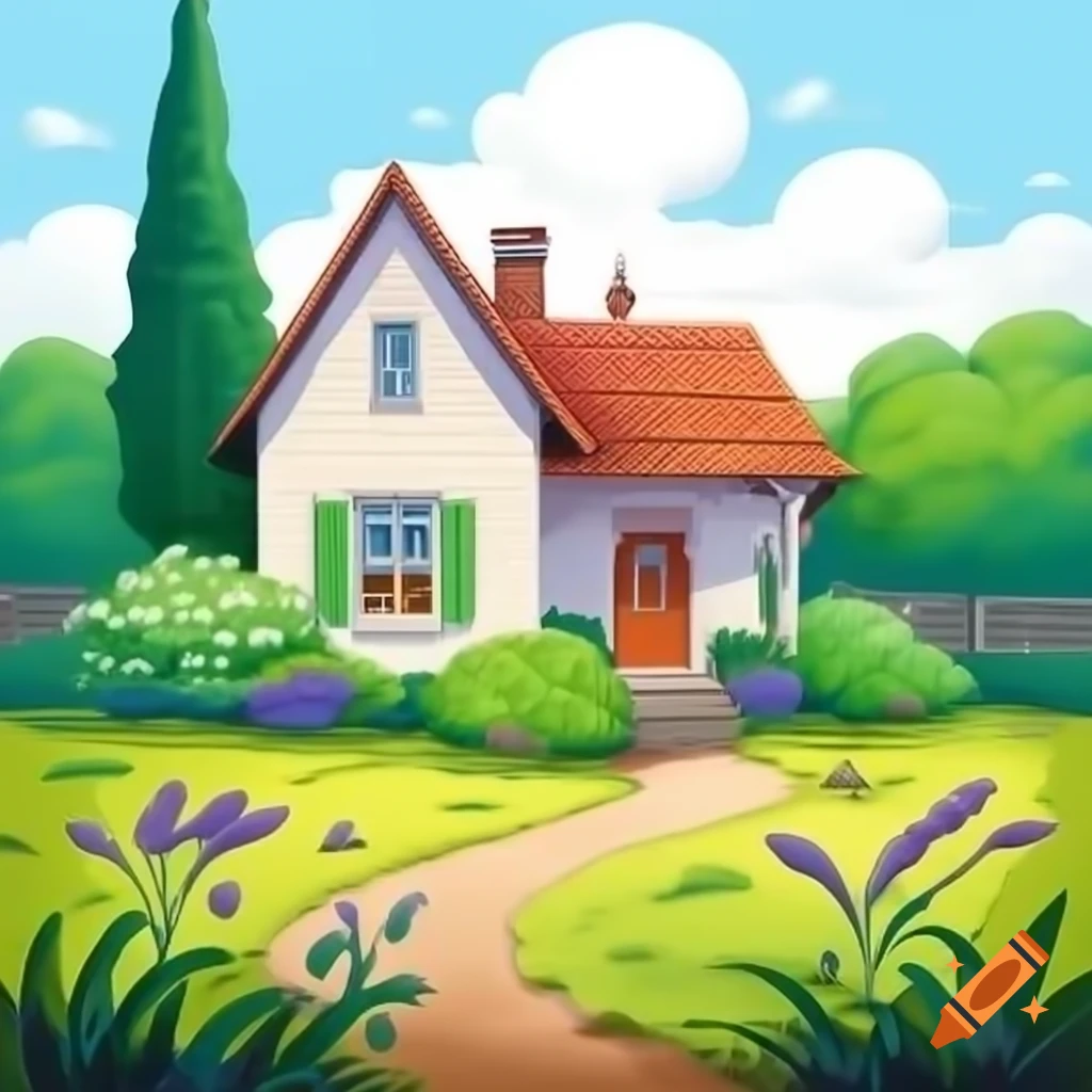 Idyllic house with garden illustrated in comic style