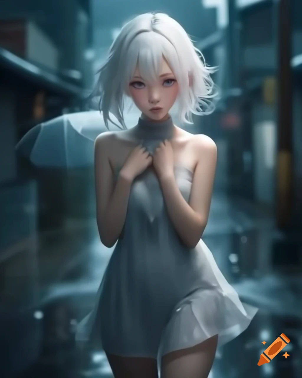 Anime character with white hair and dress on a rainy day, realistic style