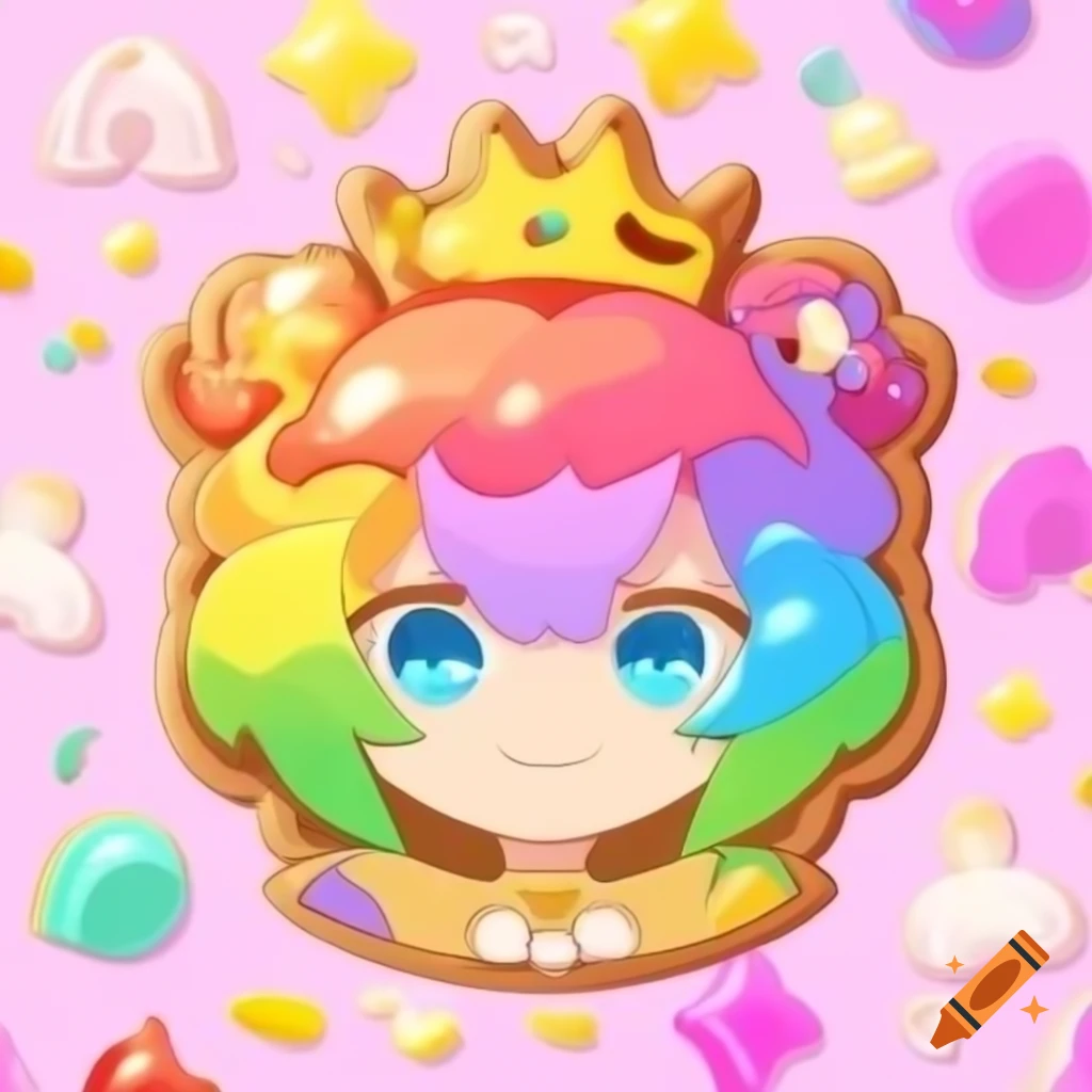 Cookie Run Kingdom anime character design featuring rainbow jelly colors and prince theme