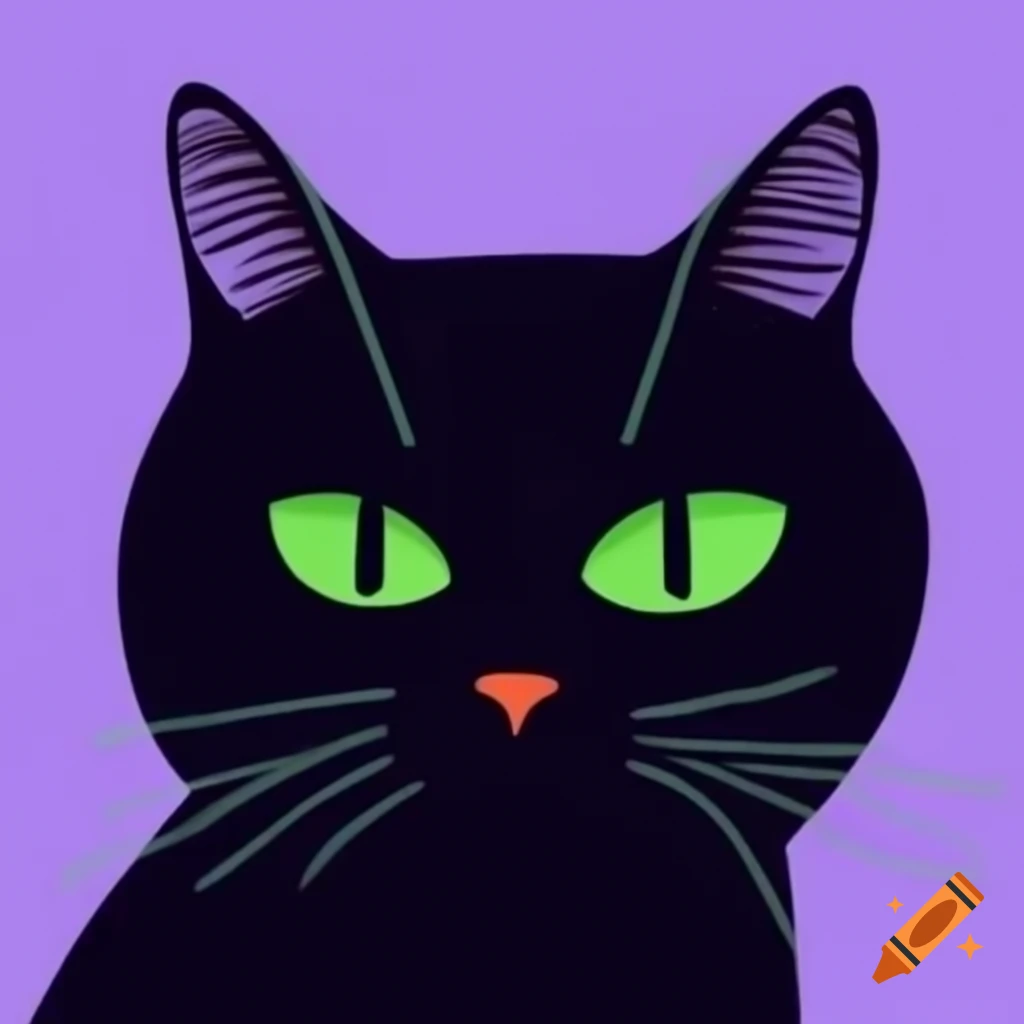 Black Halloween cat with green eyes against light violet background