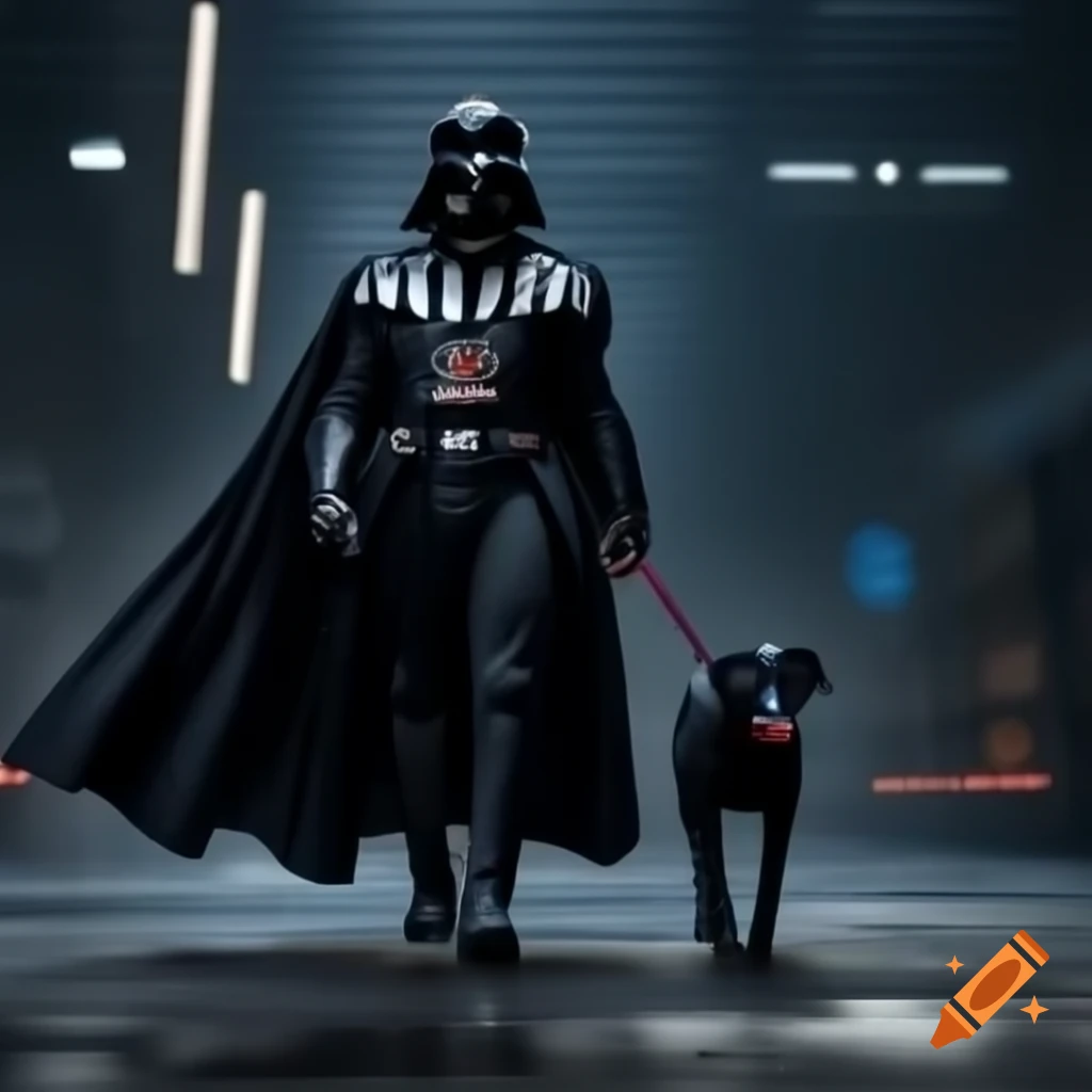 Darth Vader walking a dog in a playful scene
