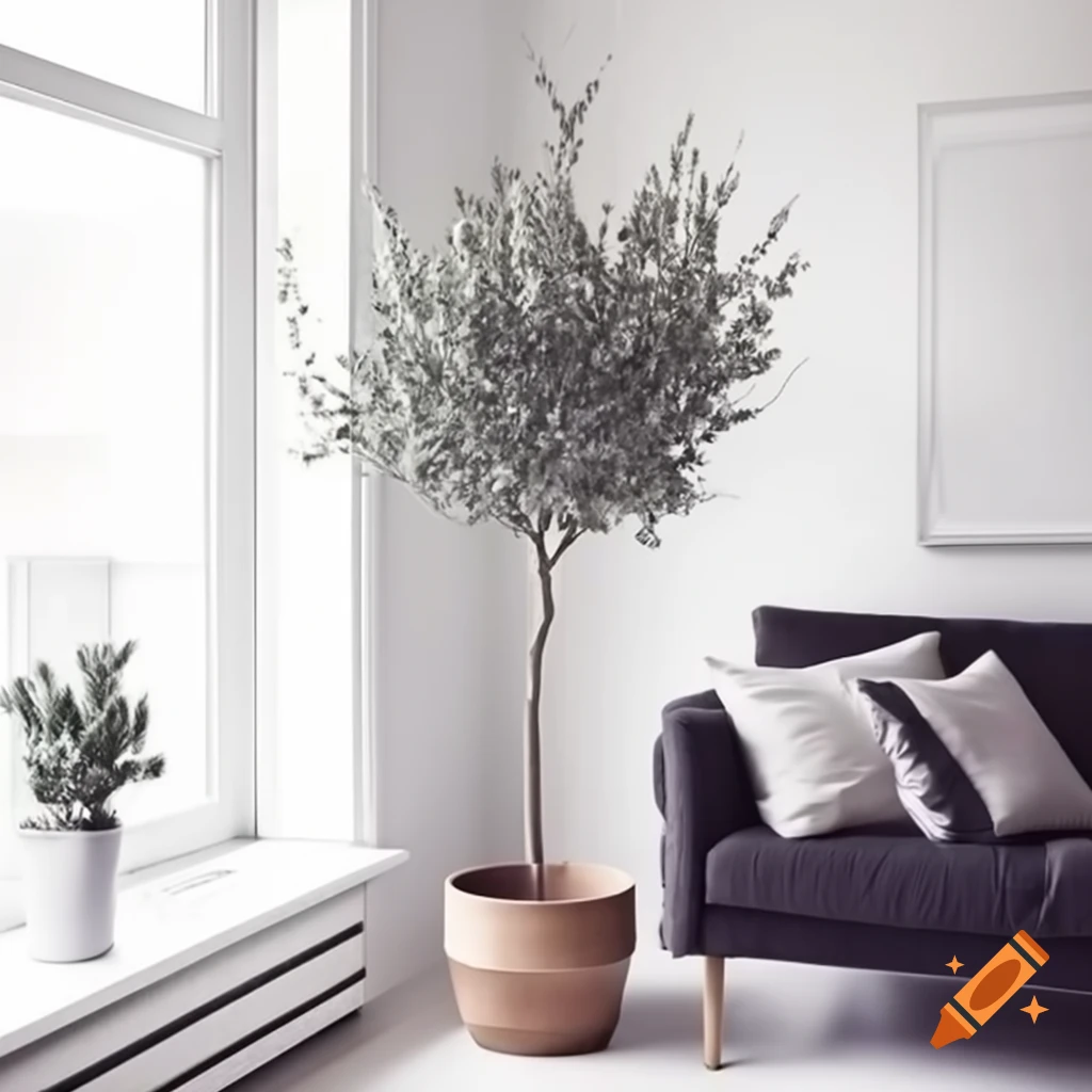 Minimalist modern living room featuring potted olive tree near window
