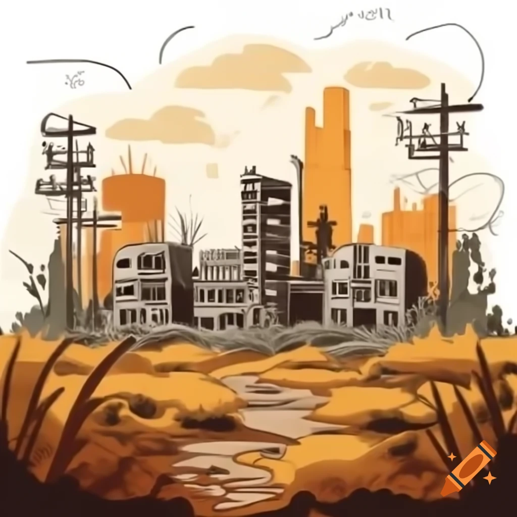 Post-apocalyptic city overgrown with vegetation