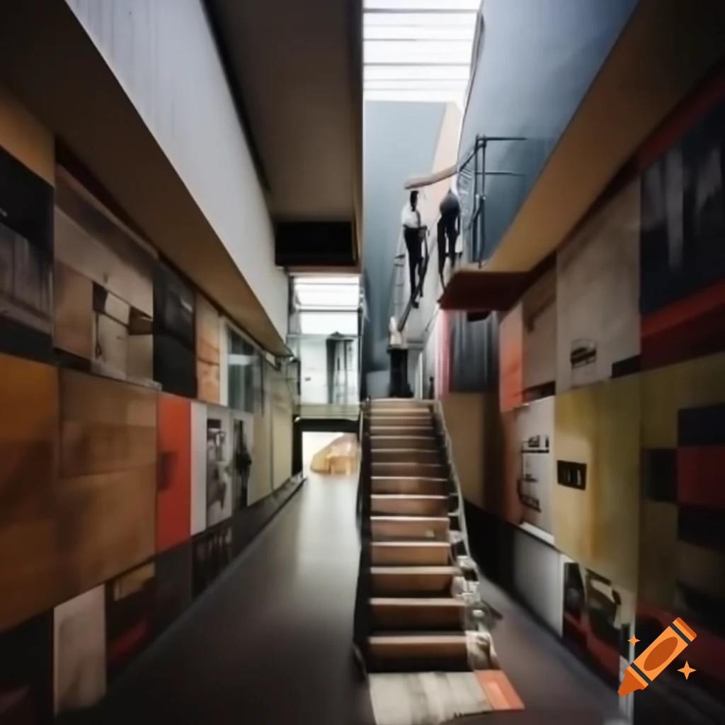 Architectural montage of inclusive building interior featuring a staircase for all ages