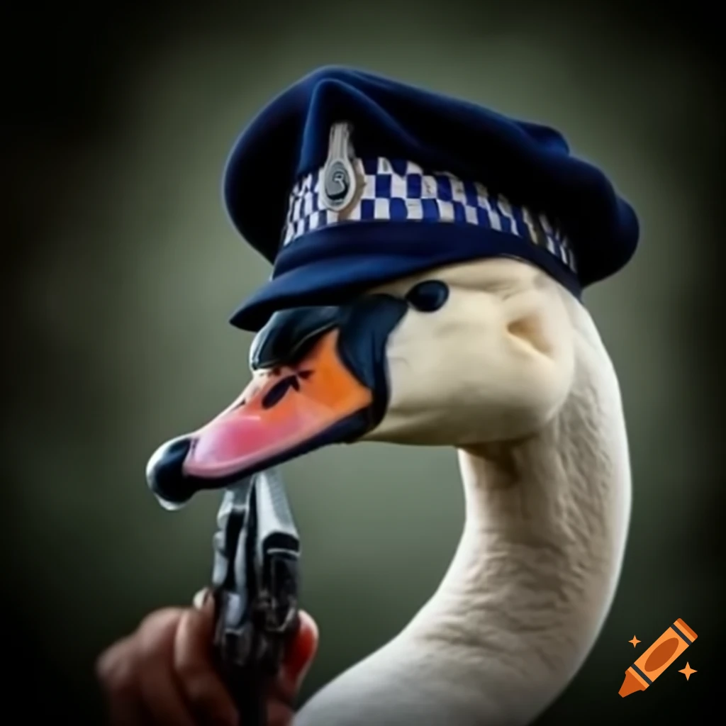 Swan wearing British police hat in humorous pose