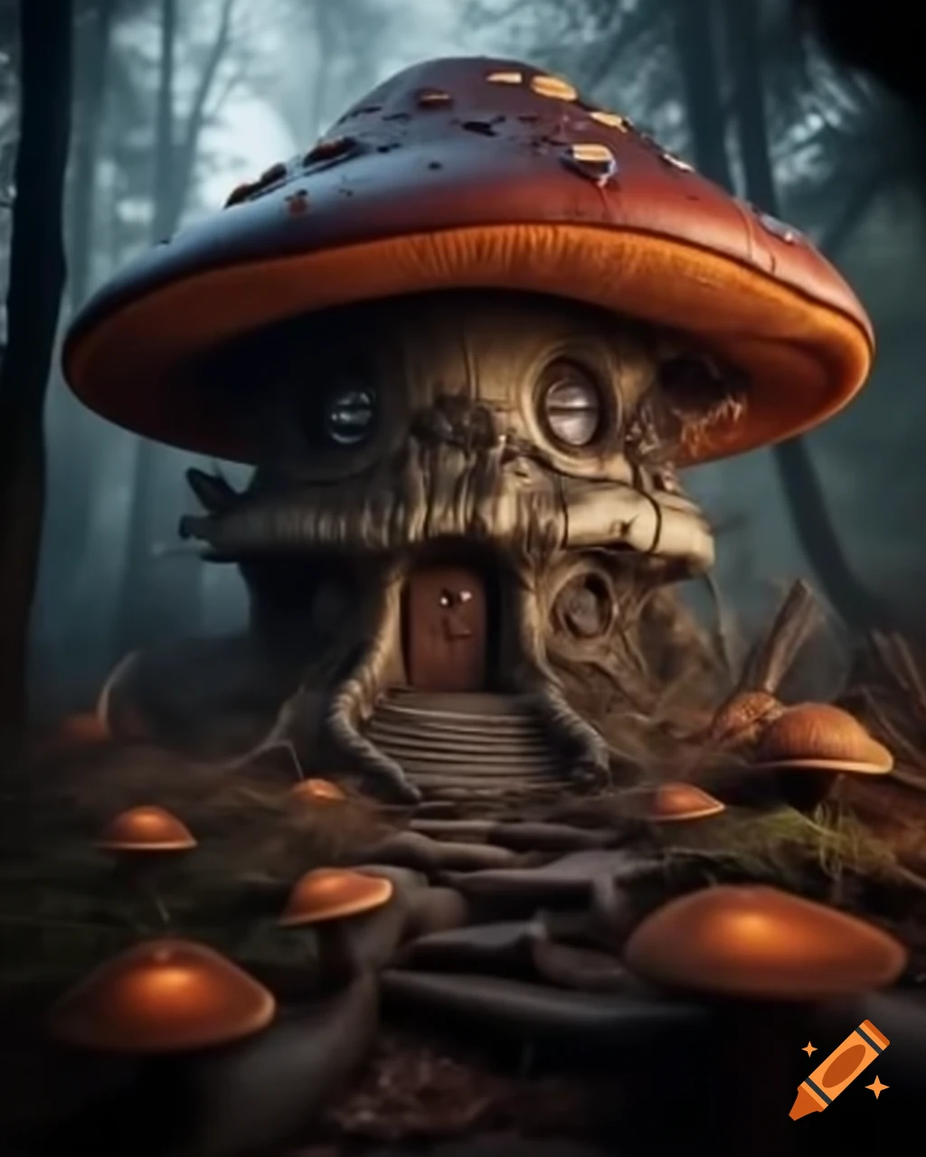 Hyper-realistic photography of a post-apocalyptic witch's mushroom house