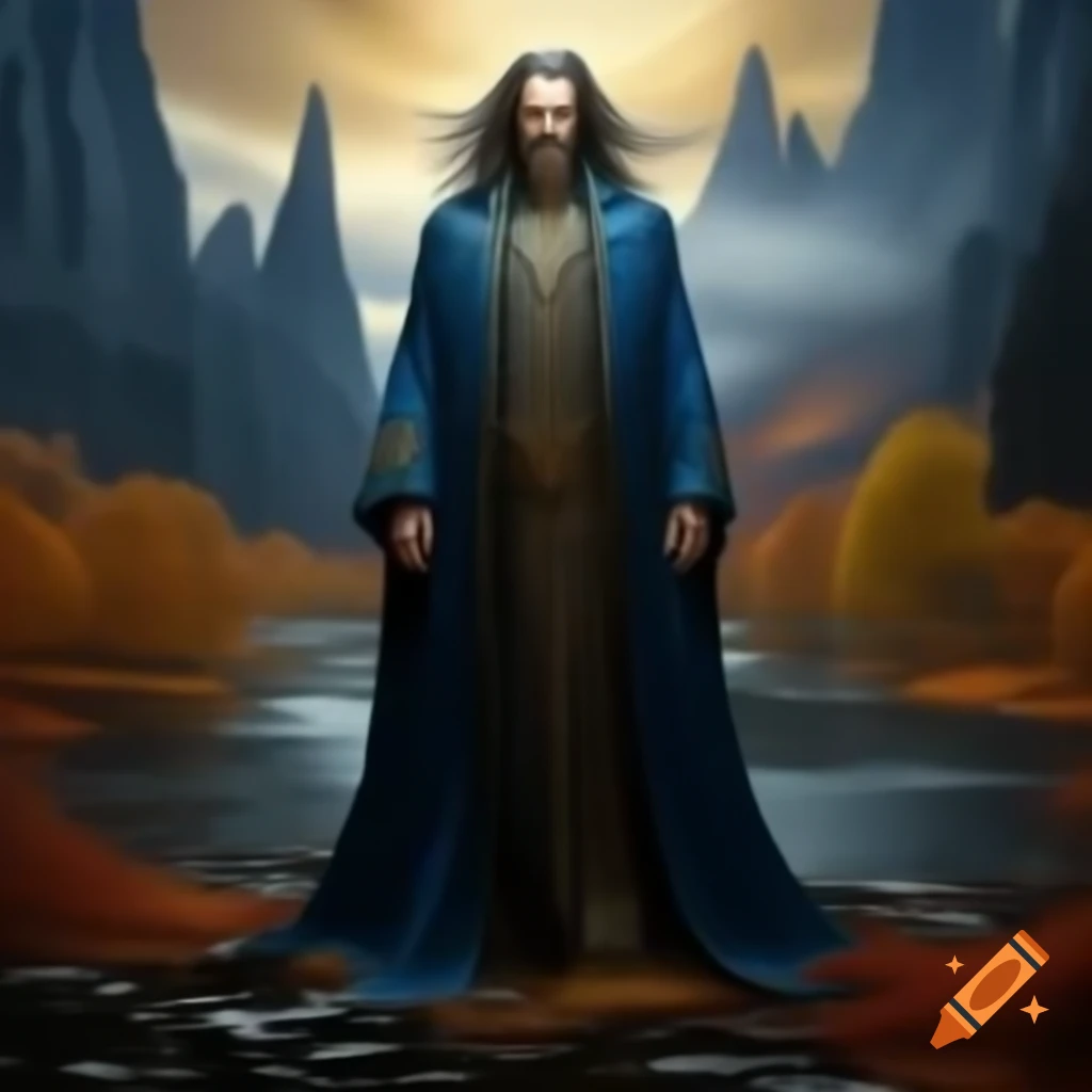 Man in ornate blue robe with gold embroidery in fantastical landscape