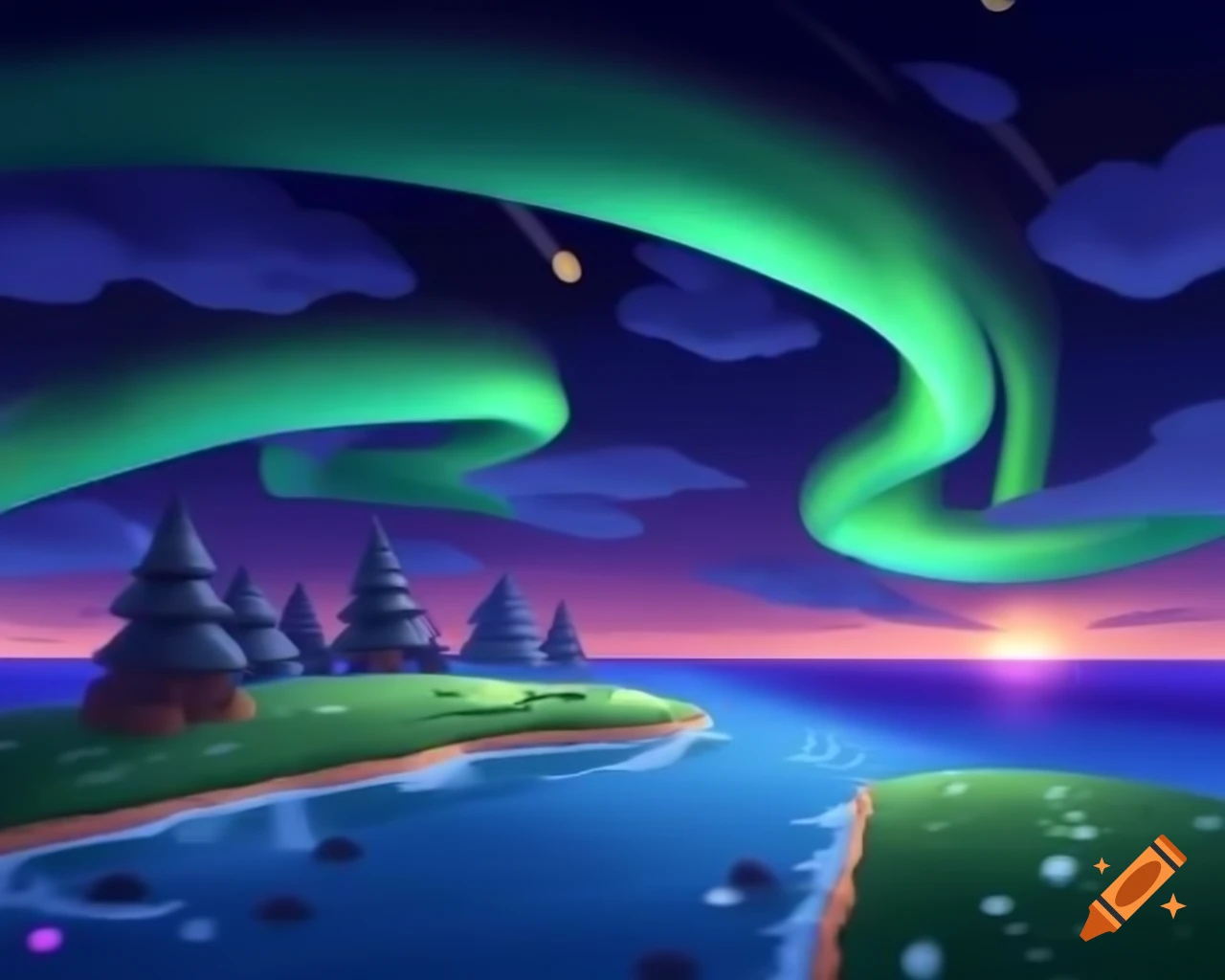 Beautiful Animal Crossing landscape featuring Northern Lights and Luminous Fish