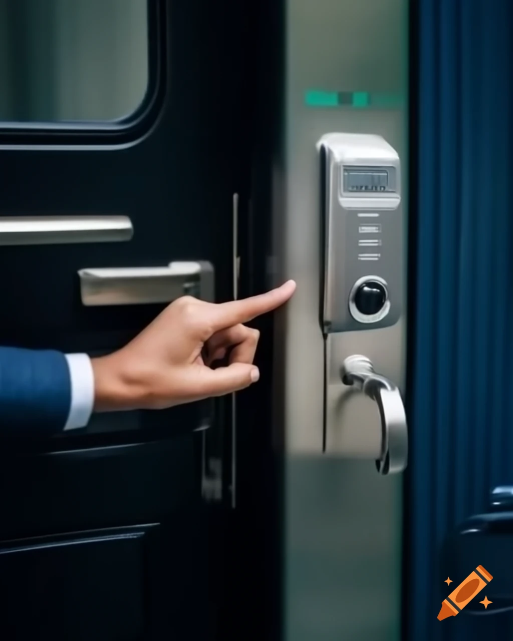 Human interacting with biometric door lock technology