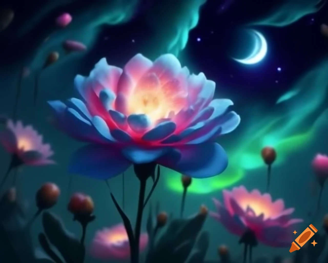 Aurora-colored flower blooming under night sky with auroras and full moon