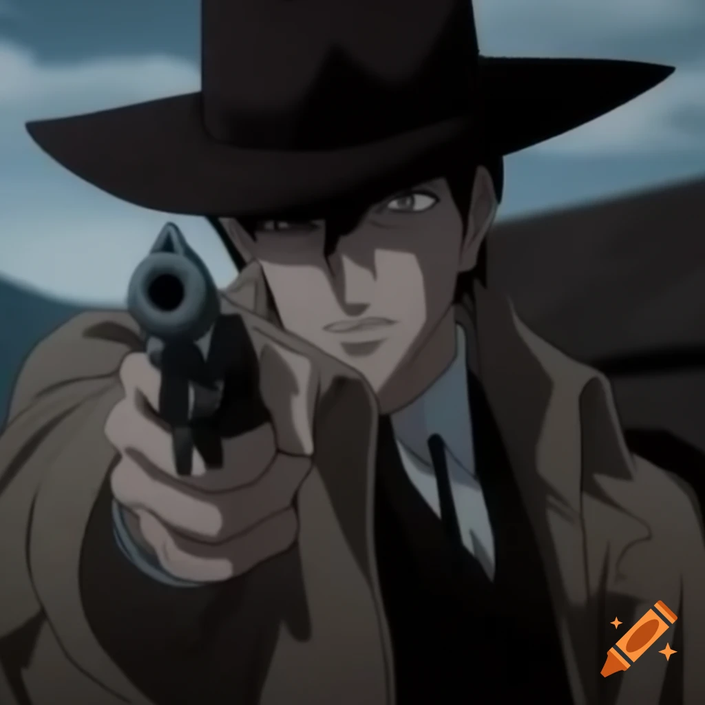 Anime character in trench coat and cowboy hat holding revolver