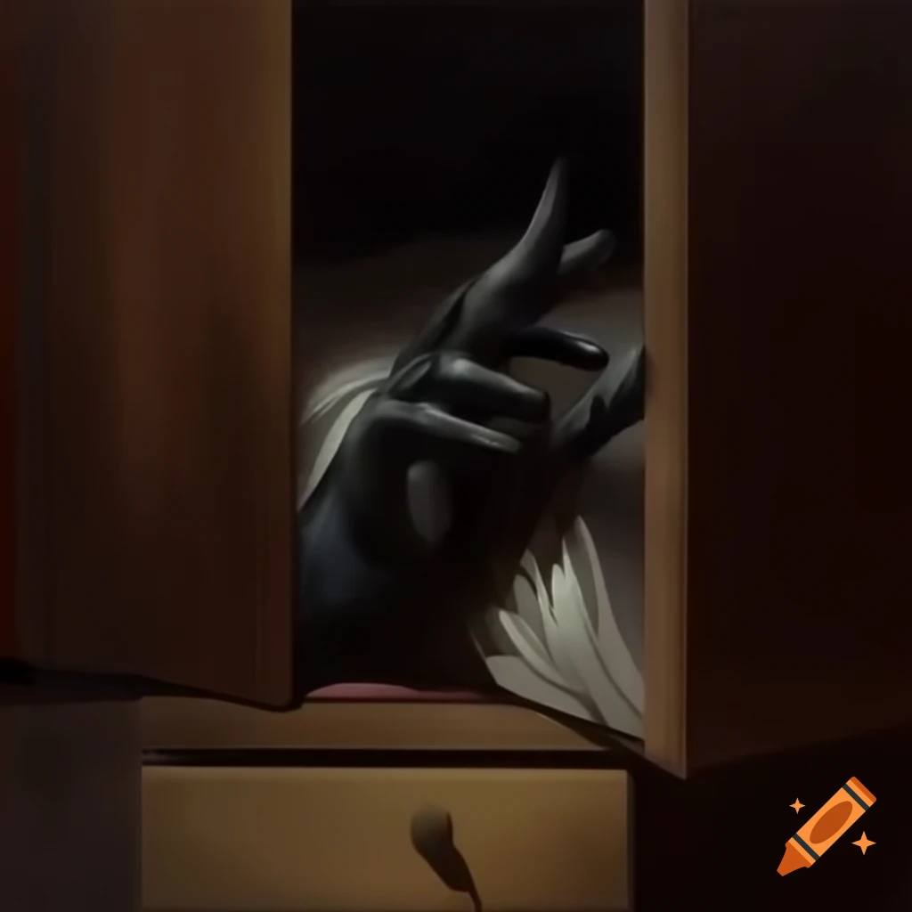 Creepy black hand with sharp fingers emerging from closet
