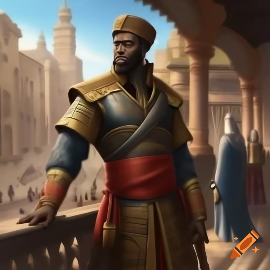 Sultan of Kilwa overlooking medieval city from balcony, oil painting style