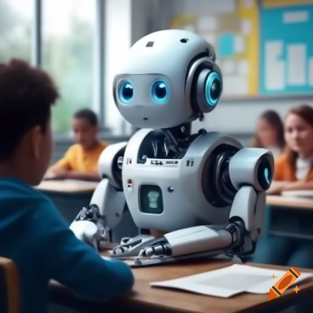 AI robot teaching junior students in classroom with digital smartboard