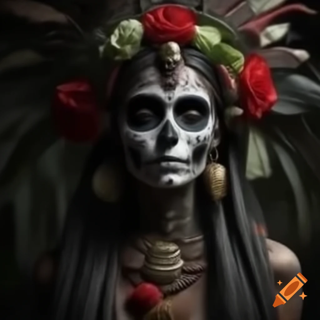 Hyper-realistic depiction of Santa Muerte with feathered headdress and Maya attire