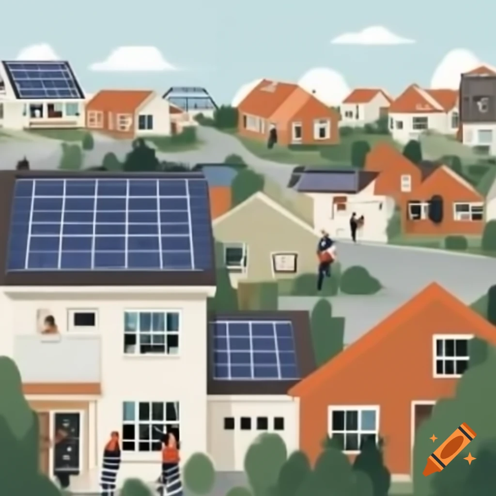 Neighborhood with photovoltaic roofs and community interaction