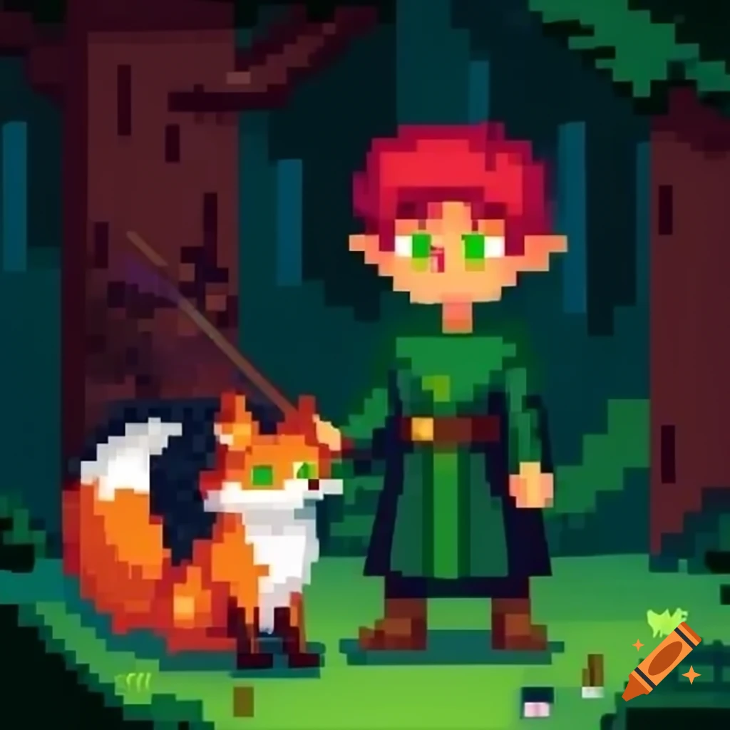 Pixel art of boy wizard transforming into magic fox in forest with anthropomorphic fox familiar
