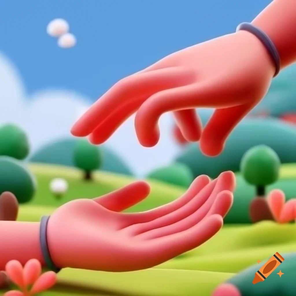 Two hands helping each other with colorful landscape in background