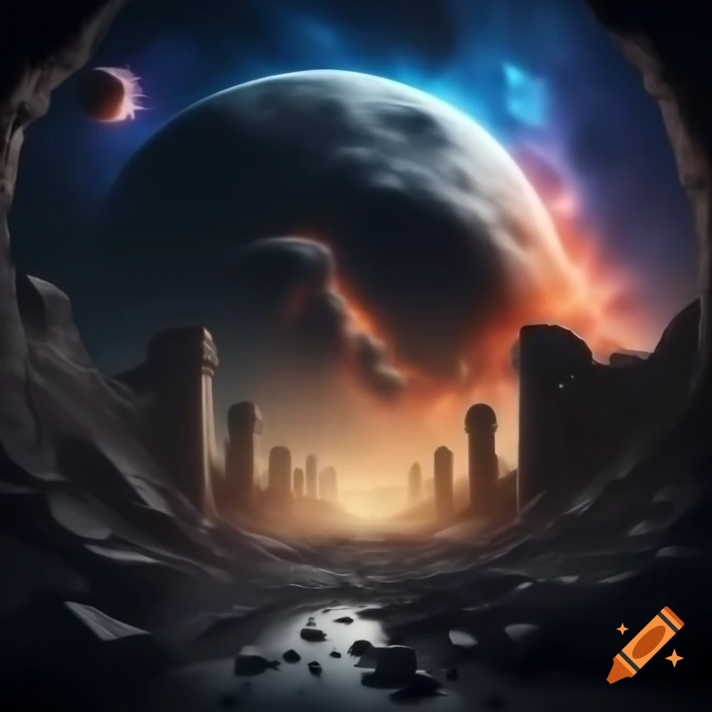 Surreal cosmic scene of aftermath with entities clashing in ruins