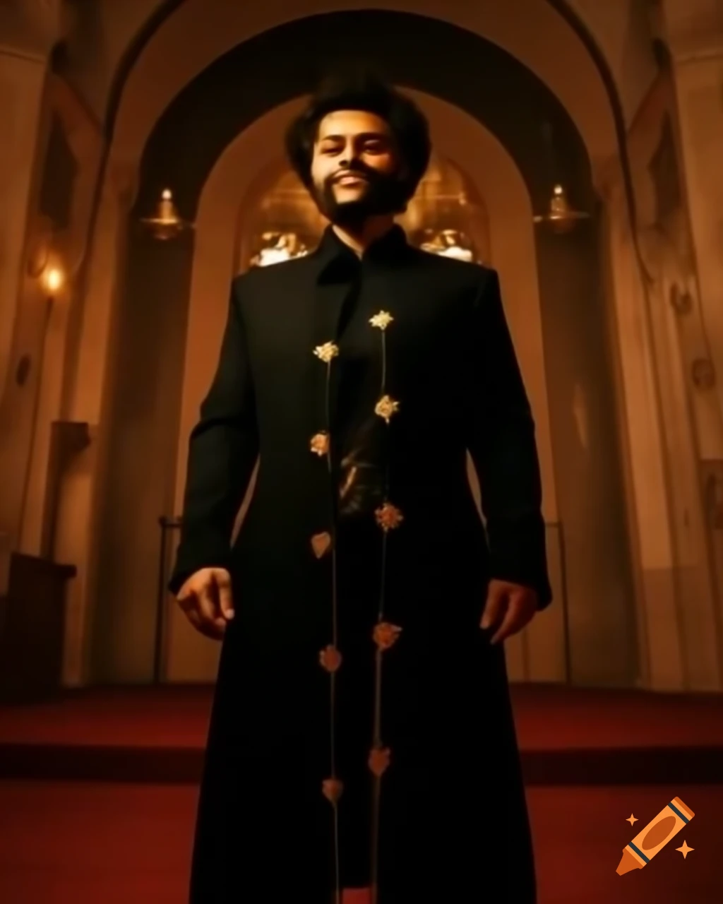 The Weeknd in ancient black coat with gold decorations performing at Church of Saint George, Lalibela