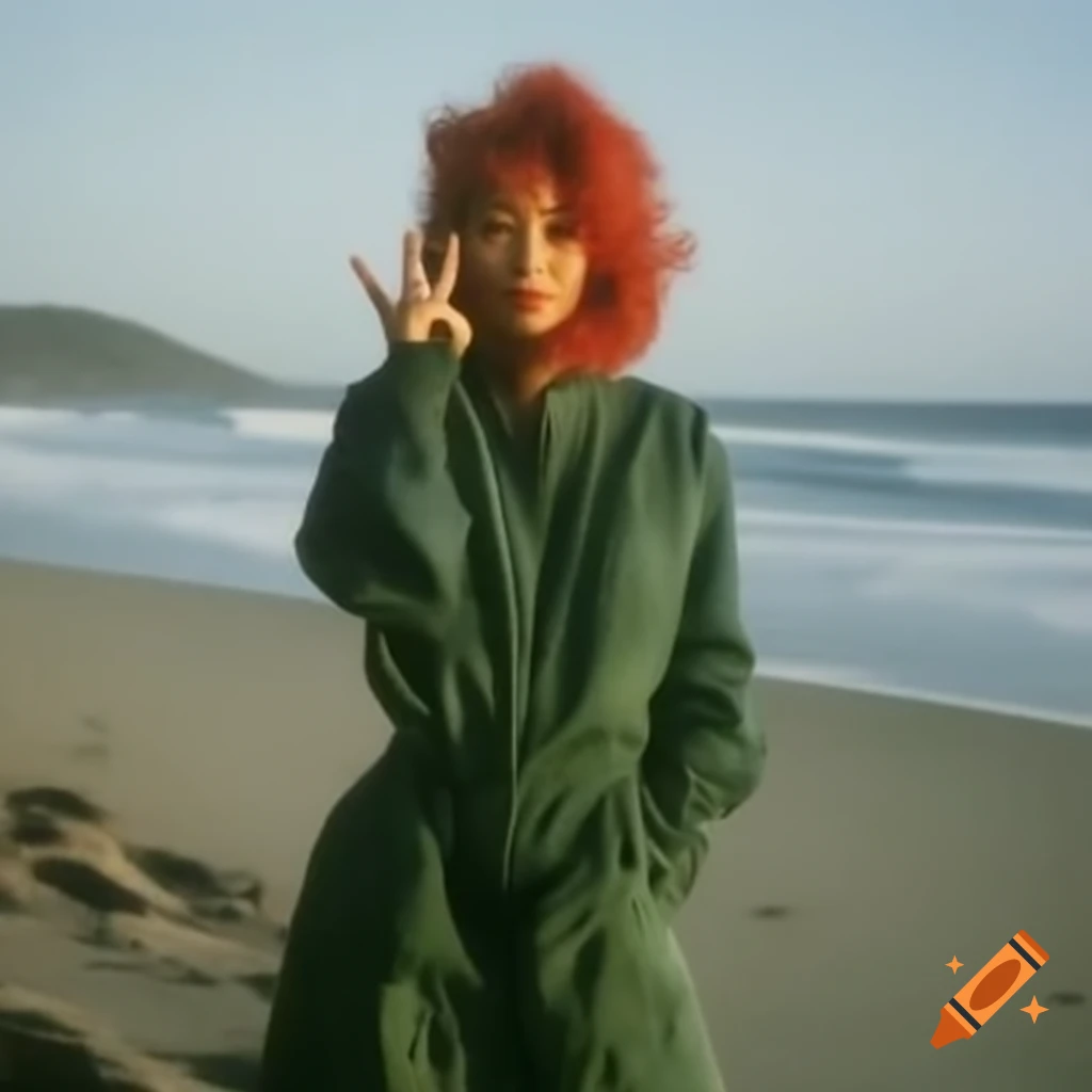 Vintage 1980 Japanese idol in Harajuku style on palm beach
