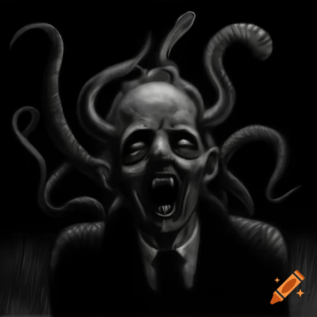 Eerie ink drawing of man with tentacle head at night, detailed style