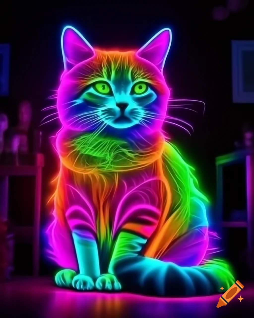 Colorful neon glow cat in acrylic paint style