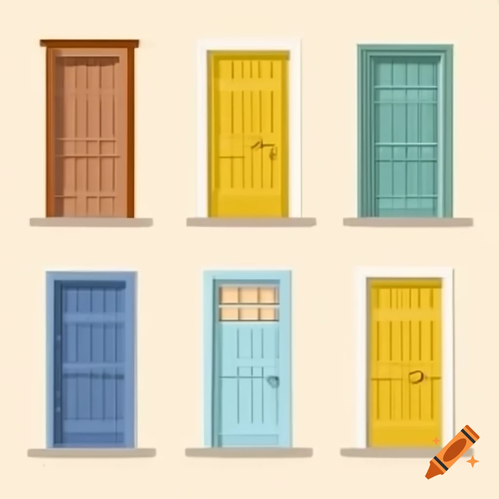 Six doors of varying heights lined up on a large wall, three doors open