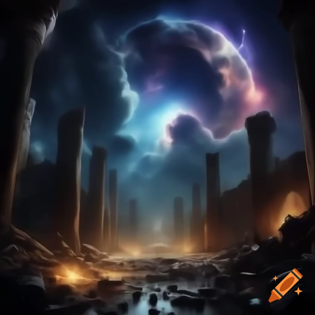 Surreal cosmic dream war aftermath with ruins and destruction, suggesting mystery