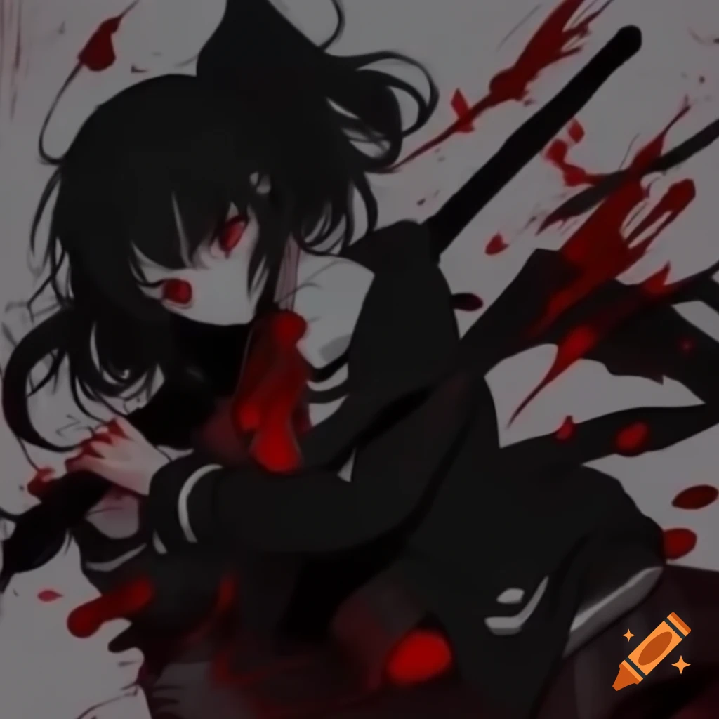 Anime illustration of young female character with long black hair and one red eye