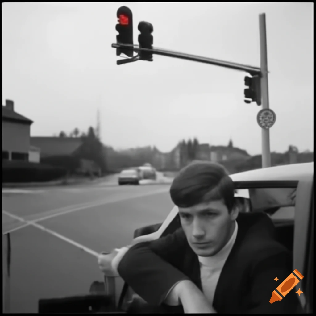 Man driving car with traffic signal in town