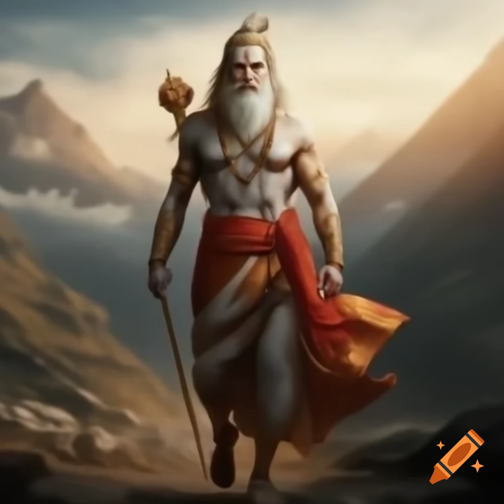 Arjuna from Hindu mythology in saint dress at 90 walking towards mountain