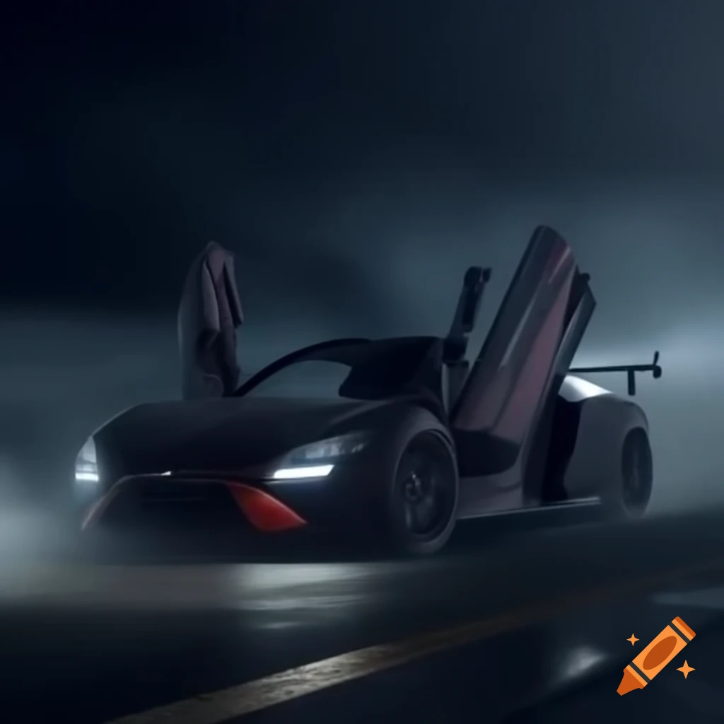 Sports car with lifted doors in a foggy night setting