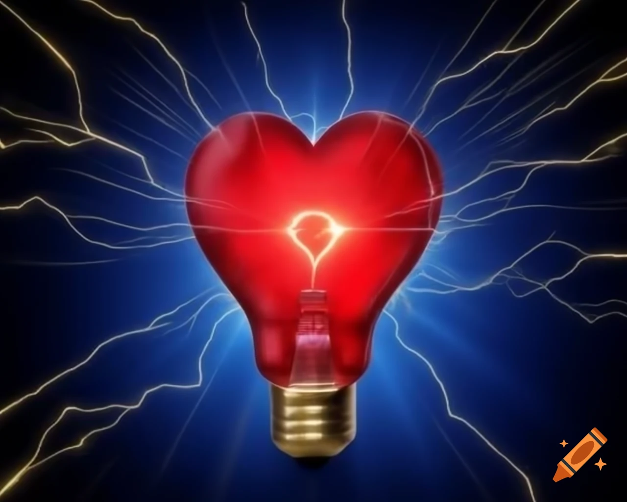 Red glowing metal heart with energy lightning inside light bulb against blue golden background
