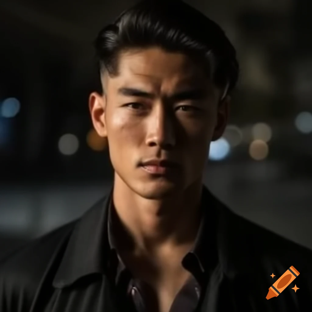 Stylish Asian man in fashionable attire against San Francisco night backdrop