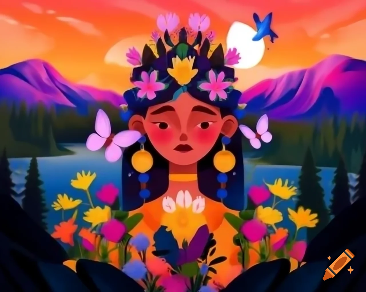 Colorful-haired woman with wildflowers and butterflies in a vibrant costume at sunset