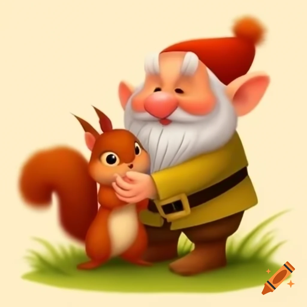 Cartoon dwarf cuddling with a red squirrel