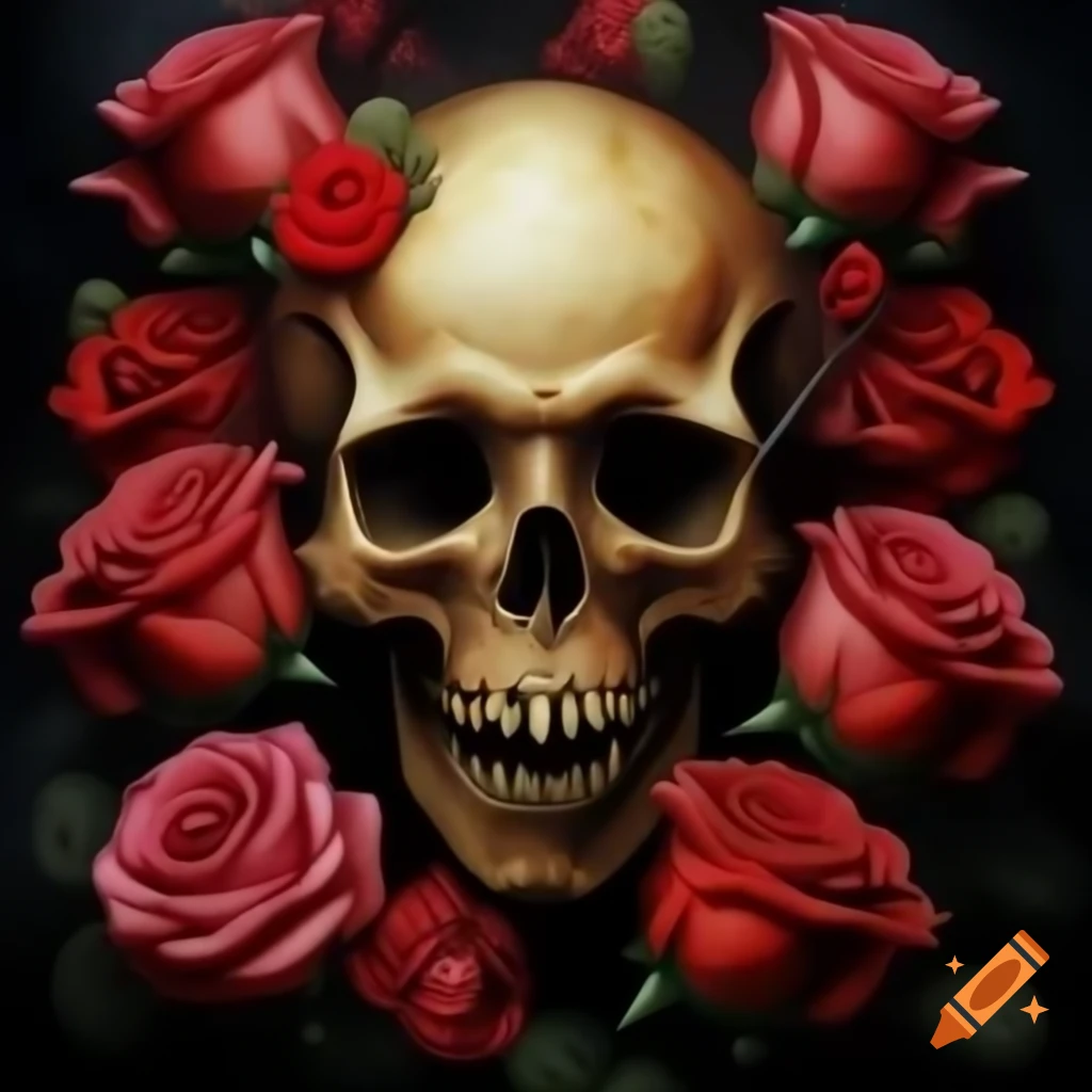 Creepy alien skull surrounded by roses
