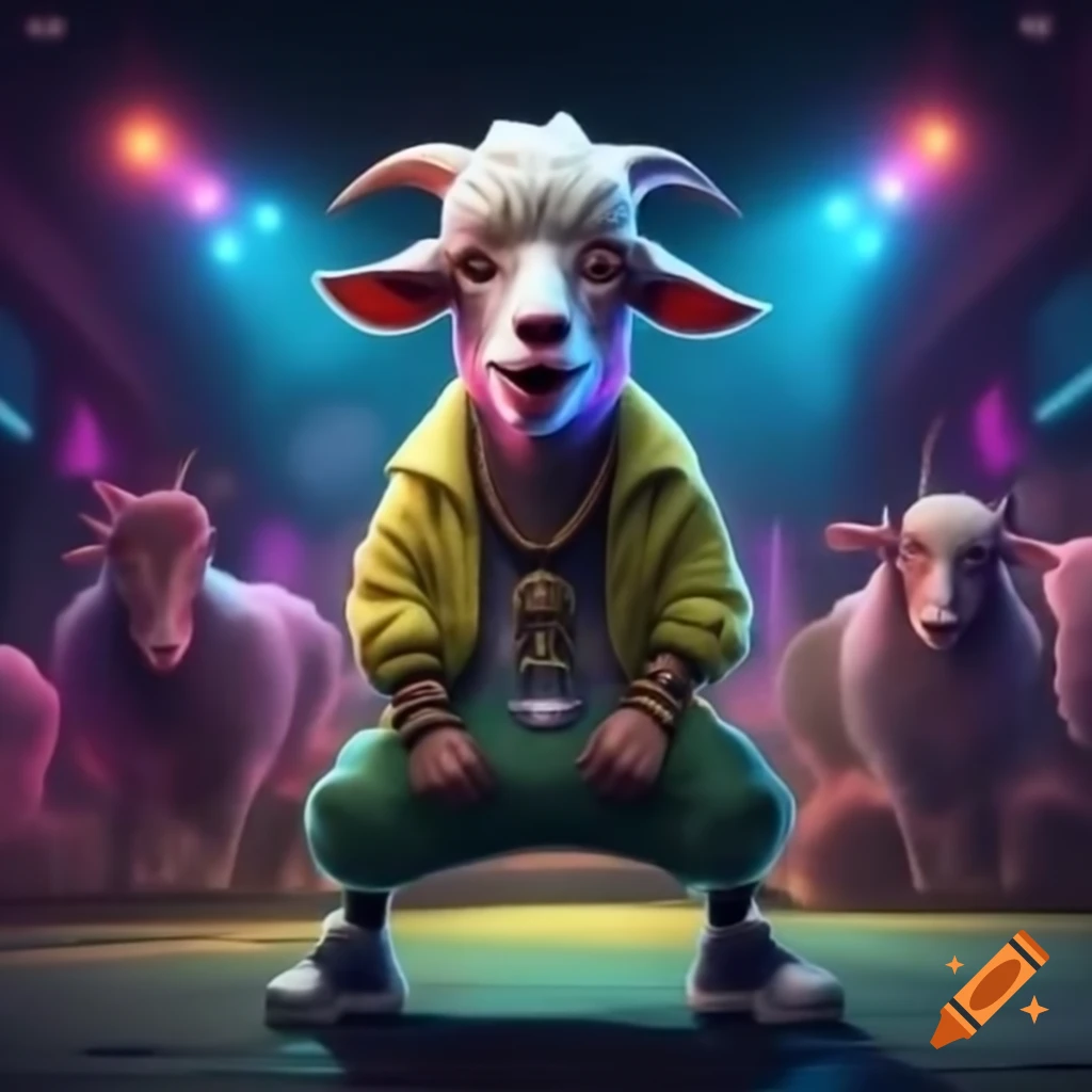 Animated goat with masculine features performing on urban hip-hop stage