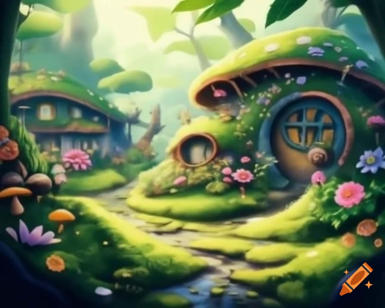 Alley with vegetation, hobbit houses, flowers, and puddles
