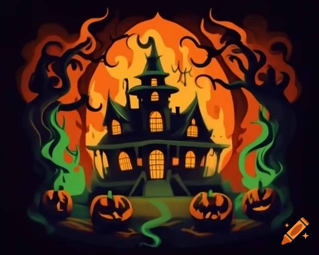Haunted Halloween pumpkin house in smoky orange, green, black, and gold cartoon style