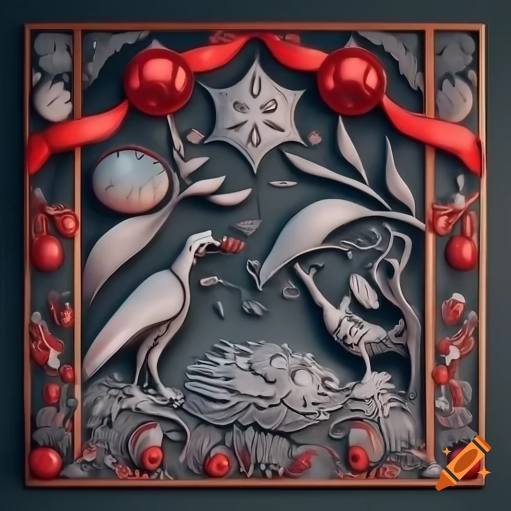 3D illustration of Christmas forest scene blending Native Salish and Russian fairy tale designs