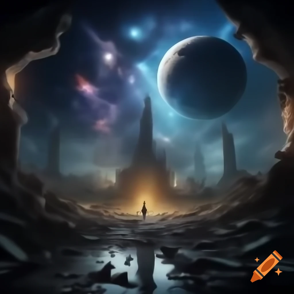Surreal cosmic scene of aftermath with entities clashing in ruins