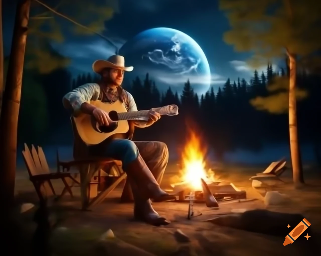 Photo realistic cowboy playing guitar by campfire in forest with Saturn-like planet in sky
