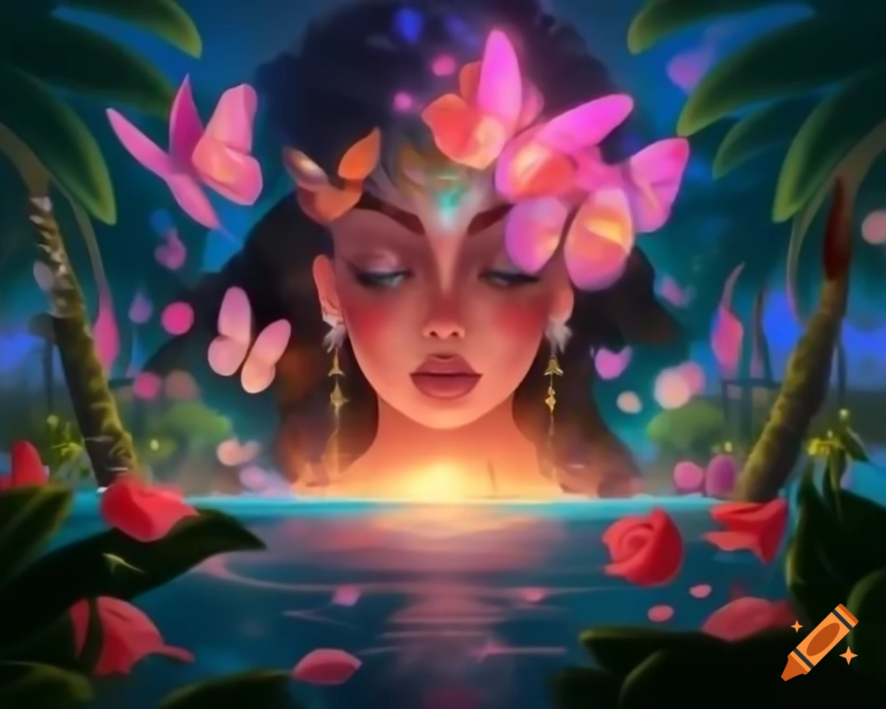 Mystical woman with surreal jewel-like wig and freckled face
