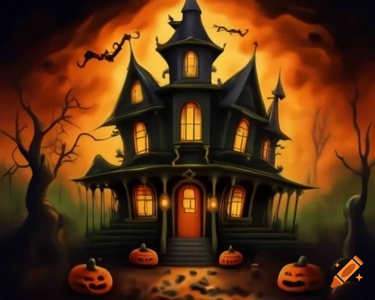 Haunted Halloween pumpkin house in smoky orange, green, black, and gold cartoon style