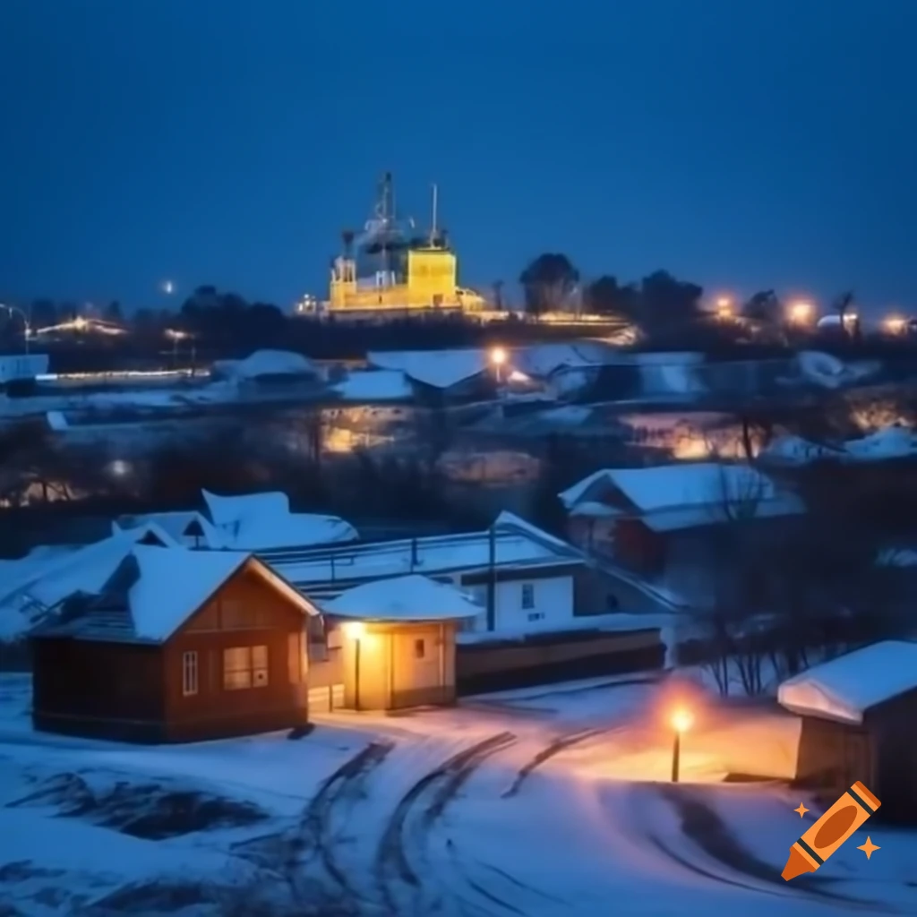 Winter evening in Russian village with church and candlelight in windows